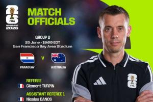 官方：法国裁判蒂尔潘担任巴拉圭与澳大利亚比赛主裁 曾执哨意大利世预赛