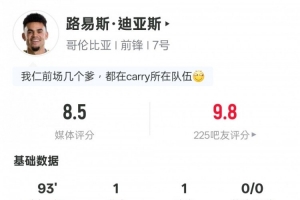 路易斯·迪亚斯表现：助攻得分+1次解围2次突破成功2次关键传球，得分8.5